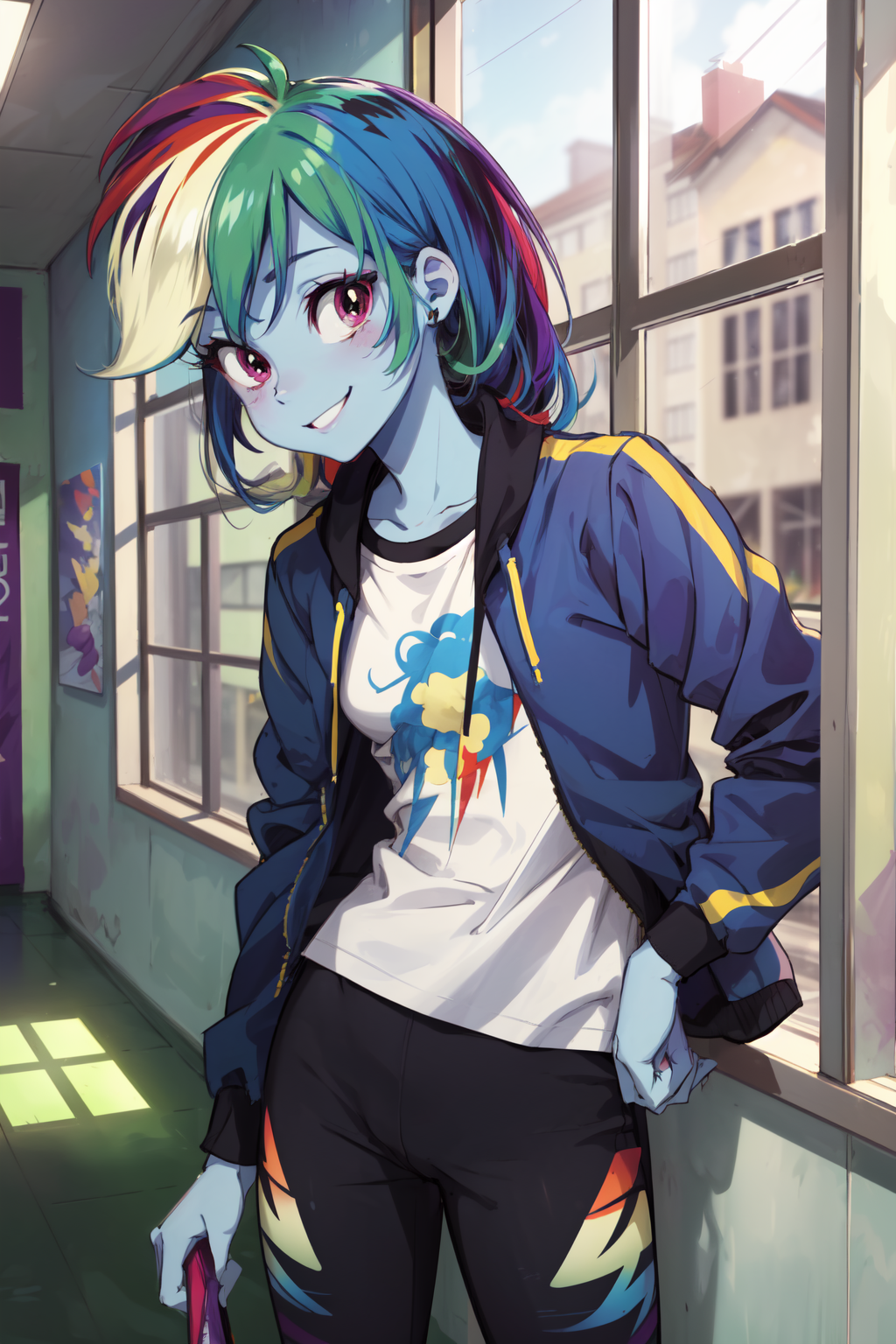 masterpiece,best quality,1girl,mlpdash,colored skin,blue skin,rainbow hair,purple eyes,cropped jacket,shirt,pants,smile,le...